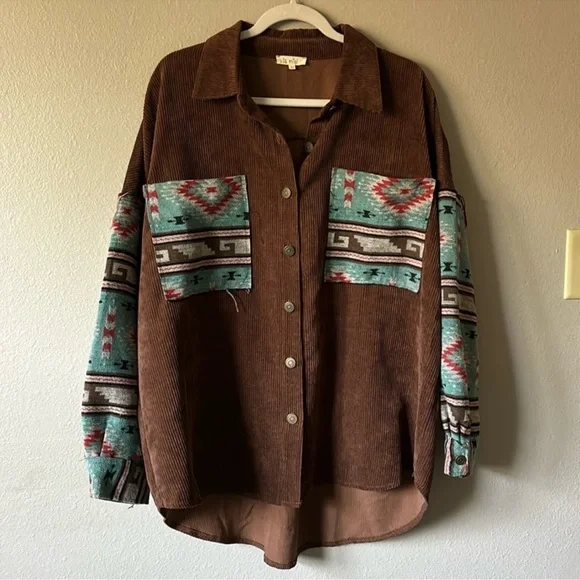 La Miel brown corduroy Western Aztec print shacket - Picture 3 of 7